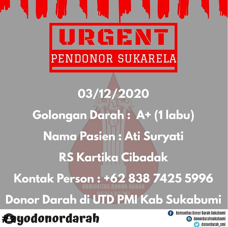Dibutuhkan Segera! Pendonor untuk Golongan Darah A+ di Sukabumi