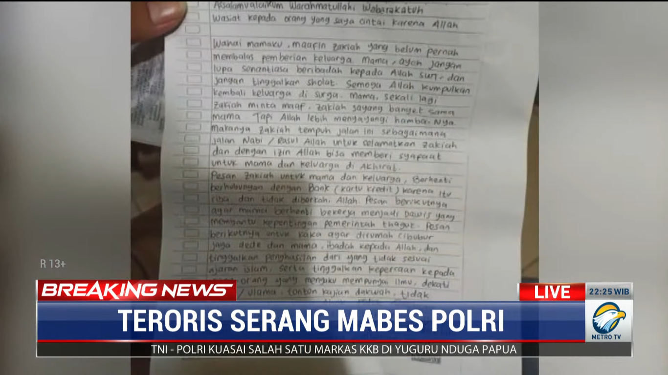 Isi Surat Wasiat ZA kepada keluarga sebelum melakukan penyerangan ke Mabes Polri. Tangkapan Layar Metro TV