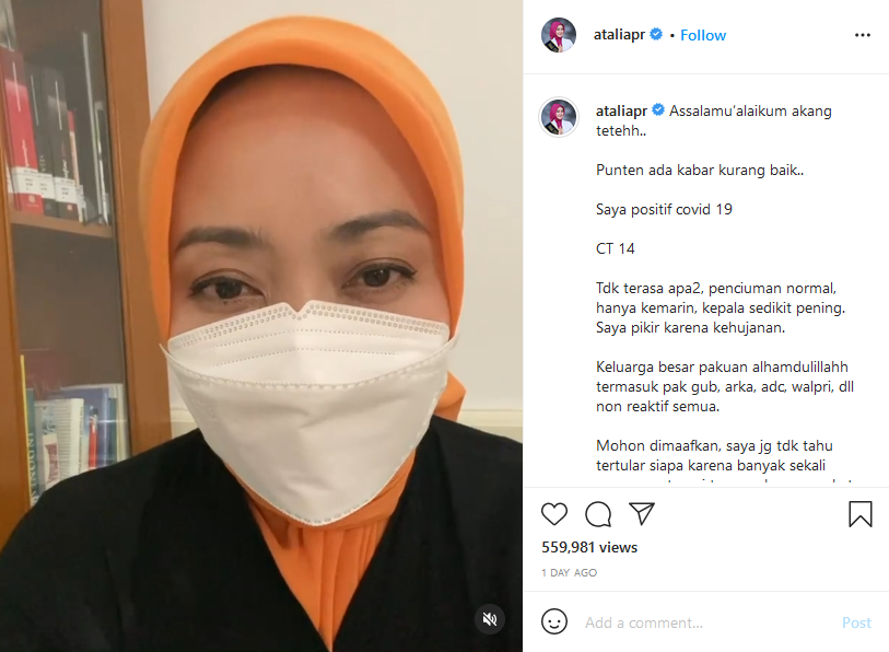 Istri Gubernur Jawa Barat Ridwan Kamil, Atalia Praratya positif covid-19. Tangkapan Layar Instagram.
