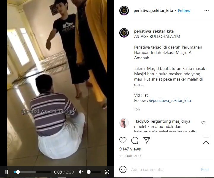 viral video jemaah memakai masker diusir pengurus masjid di Masjid Al Amanah, Bekasi. Foto: Tangkapan Layar Instagram