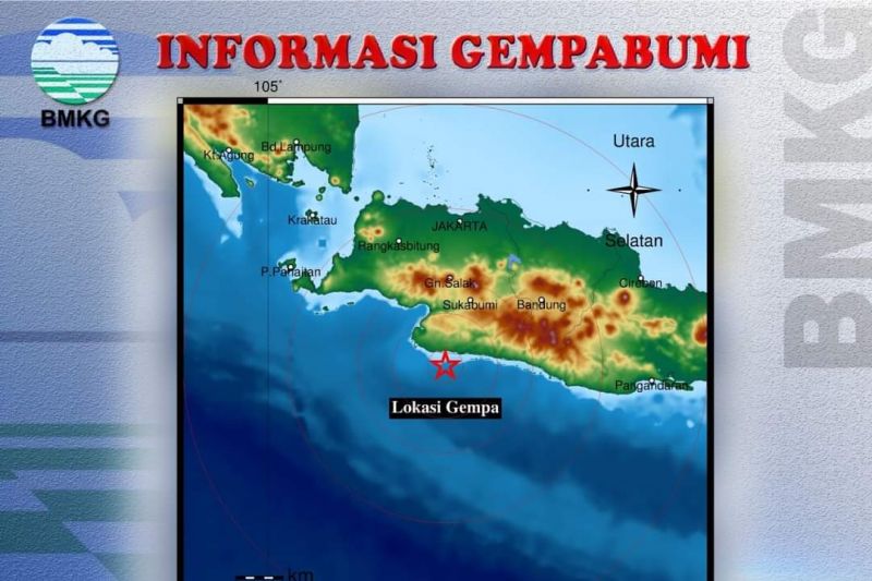 Lokasi gempa bumi magnitudo 4, 2 yang berpusat di laut selatan Kabupaten Sukabumi, Jawa Barat pada Sabtu, (30/10/2021) pagi. (ANTARA/HO-BMKG)