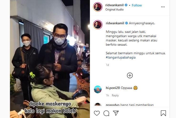 Bak Aktor Korea, Ridwan Kamil Pergoki Warga Bandung yang Tak Pakai Masker