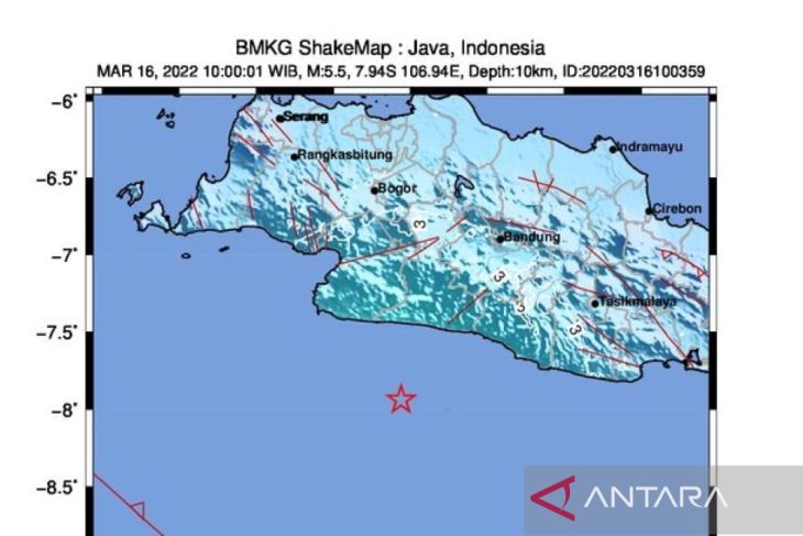 Titik gempa bumi di pantai selatan Sukabumi, Jawa Barat. Foto: Antara/HO-BMKG)