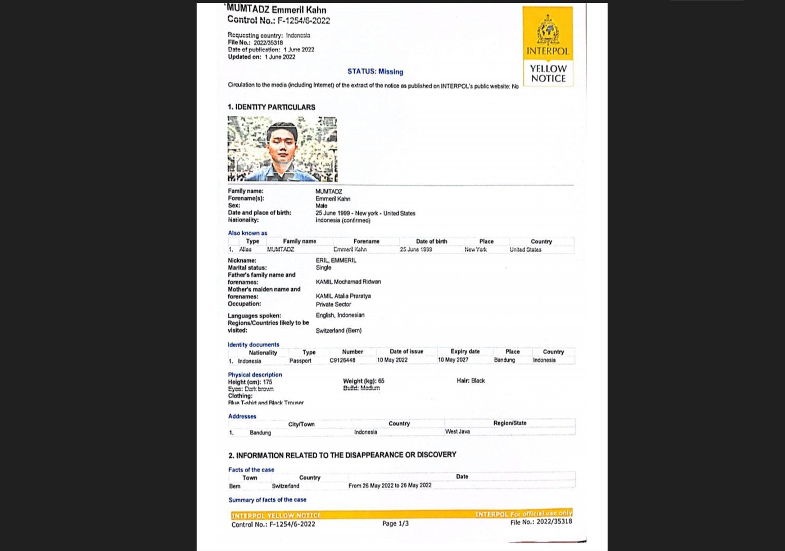 Interpol Terbitkan Yellow Notice untuk Bantu Pencarian Eril