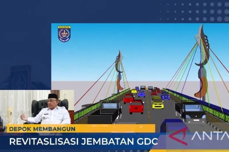 Wali Kota Depok Mohammad Idris dan gambar jembatan GDC. (ANTARA/tangkapan layar youtube)