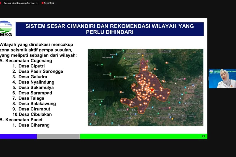 Tangkapan layar nama-nama desa yang masuk zona seismik aktif di Kabupaten Cianjur, Jawa Barat. ANTARA/HO-BMKG