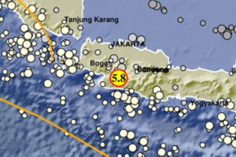 Peta kejadian gempa bumi M 5,8 di Sukabumi, Jawa Barat pada Kamis, 8 Desember 2022. Antara/Ho.BMKG