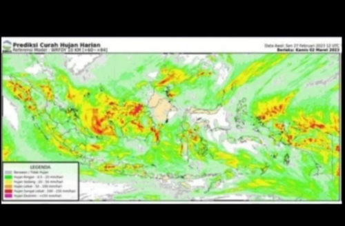 Tangkapan layar peta prediksi curah hujan harian pada 2 Maret 2023 yang dipublikasikan BMKG, Rabu (1/3/2023). ANTARA/HO-BMKG