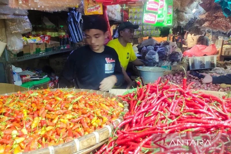 Pedagang cabai di Pasar Induk Pasirhayam Cianjur, Jawa Barat, mencatat kenaikan harga cabai sudah terjadi sepanjang tahun meski sempat mengalami penurunan namun akhir tahun kembali naik.(ANTARA/Ahmad Fikri).
