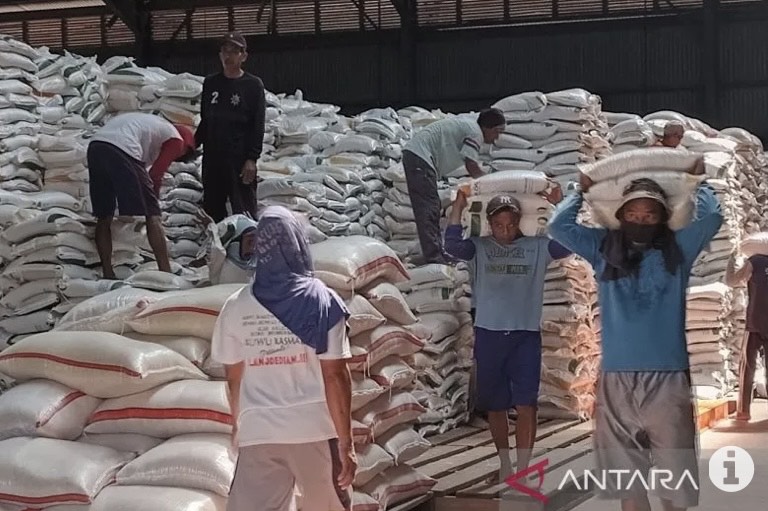 Sejumlah pekerja saat mengangkut beras dari salah satu gudang Bulog Cirebon, Jawa Barat, untuk didistribusikan. (ANTARA/Fathnur Rohman)